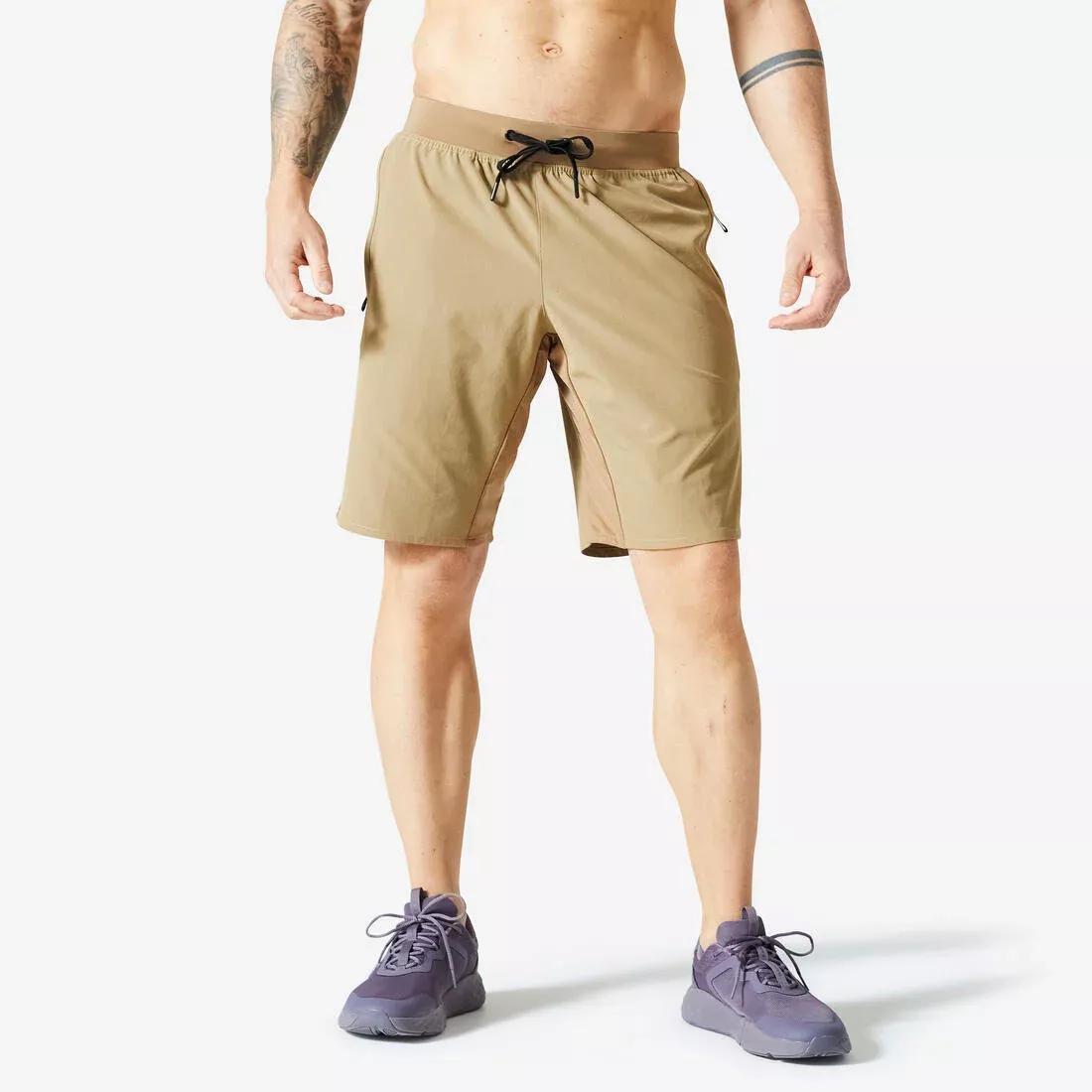Knee-Length Zip Pocket Fitness Shorts, Brown, No Color, medium