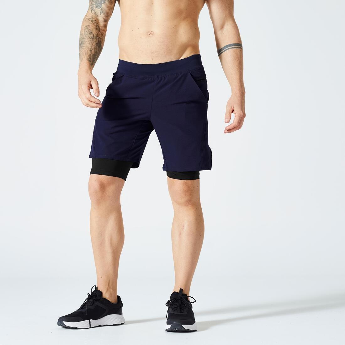 Men Zip Pocket Breathable 2-In-1 Fitness Shorts, Blue, No Color, large image number 0