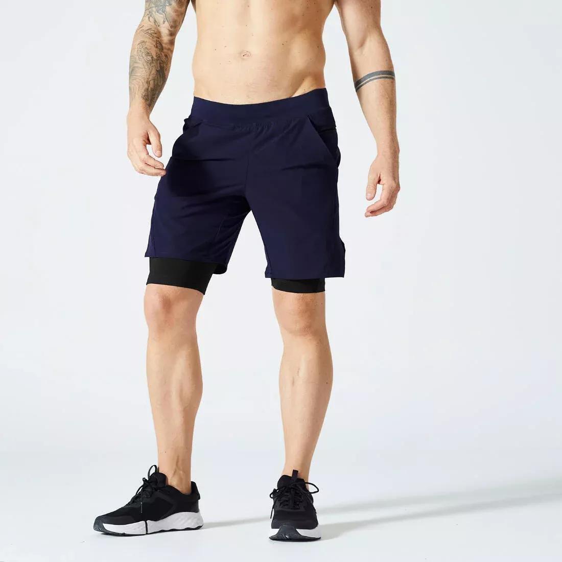 Men Zip Pocket Breathable 2-In-1 Fitness Shorts, Blue, No Color, large image number 1