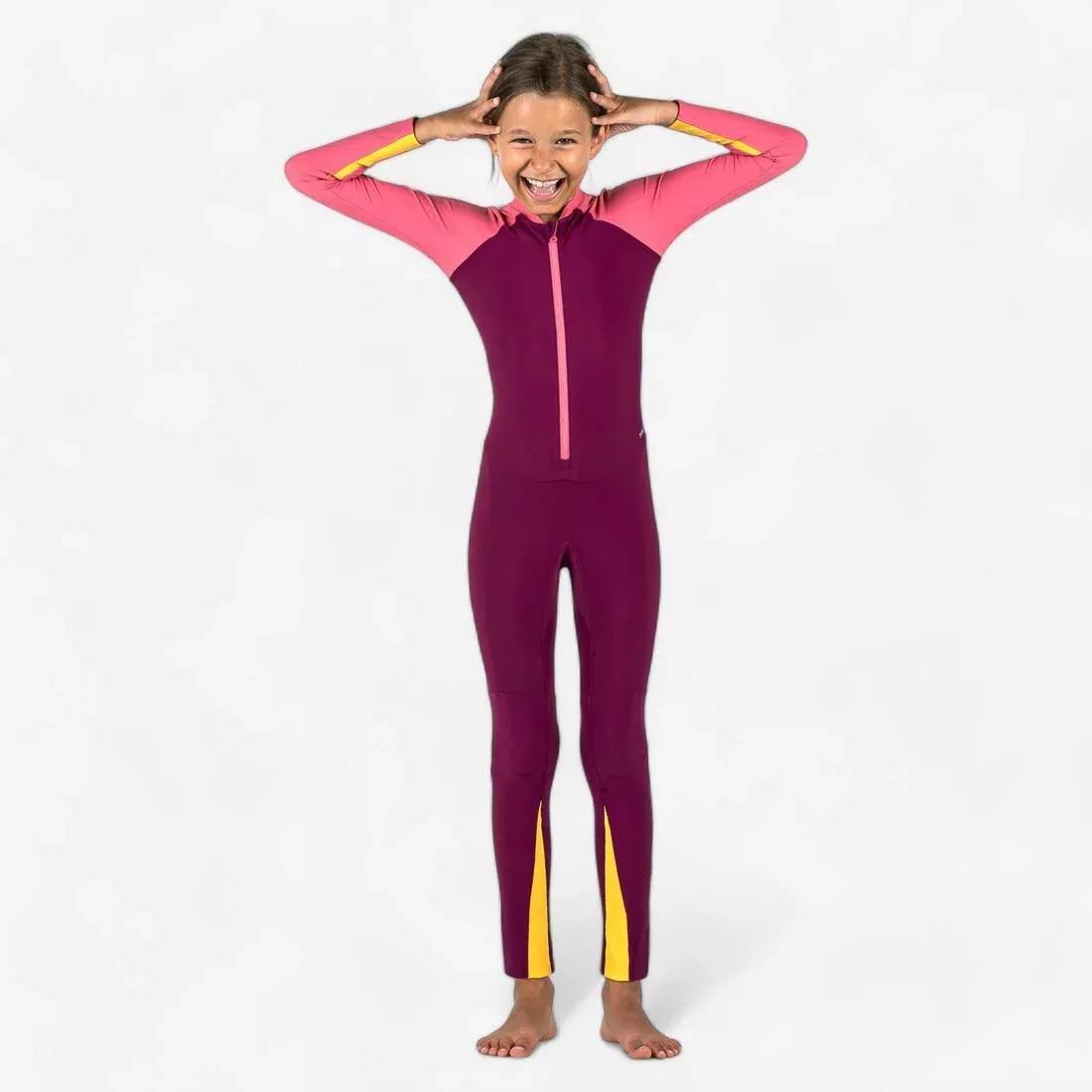 PURPLE Girls' long-sleeved swimsuit - UV Combiswim 100 - Pink Purple, No Color, large image number 0