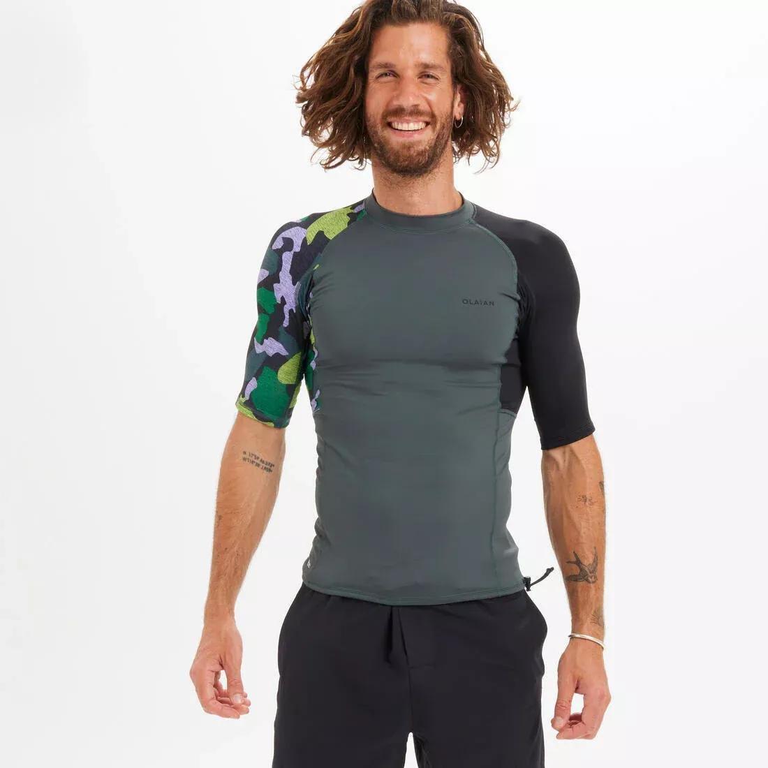Men Surfing 500 Short-Sleeved Anti-Uv T-Shirt Top Palmeraie, Black, , large image number 14