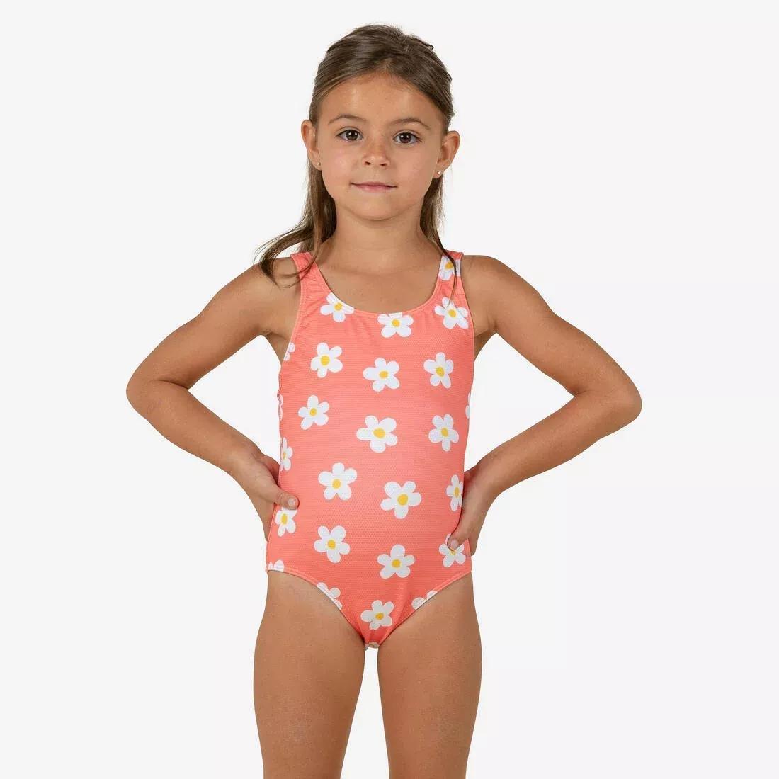 Kids Girls 1-Piece Swimsuit waffle texture coral Flower print, Orange, No Color, large image number 0