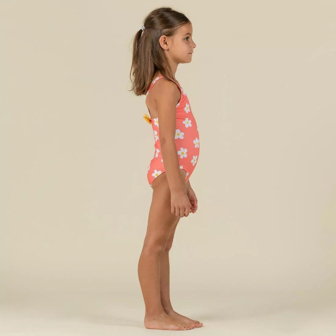 Kids Girls 1-Piece Swimsuit waffle texture coral Flower print, Orange, No Color, large image number 2