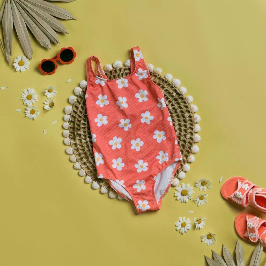 Kids Girls 1-Piece Swimsuit waffle texture coral Flower print, Orange, No Color, large image number 4