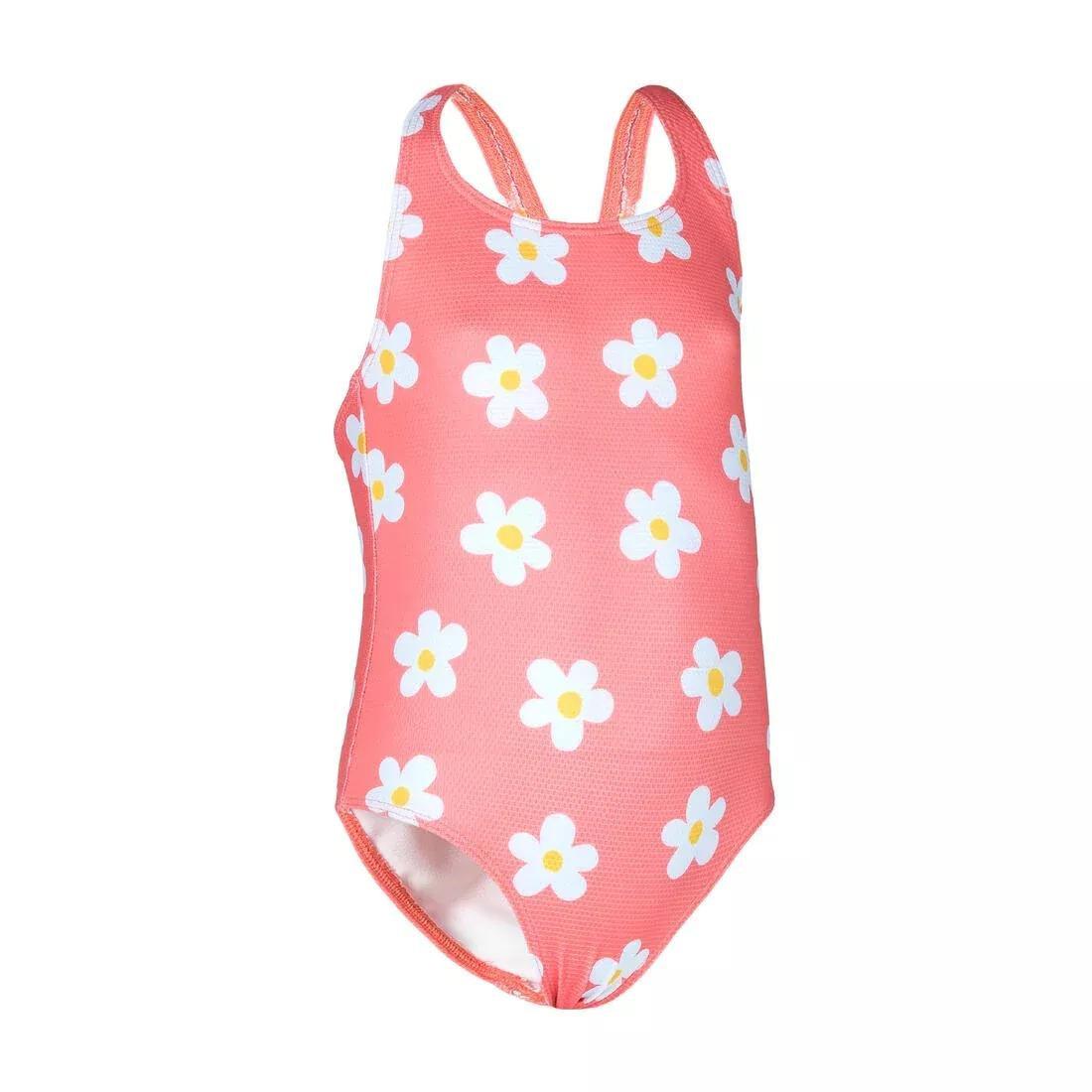 Kids Girls 1-Piece Swimsuit waffle texture coral Flower print, Orange, No Color, large image number 5
