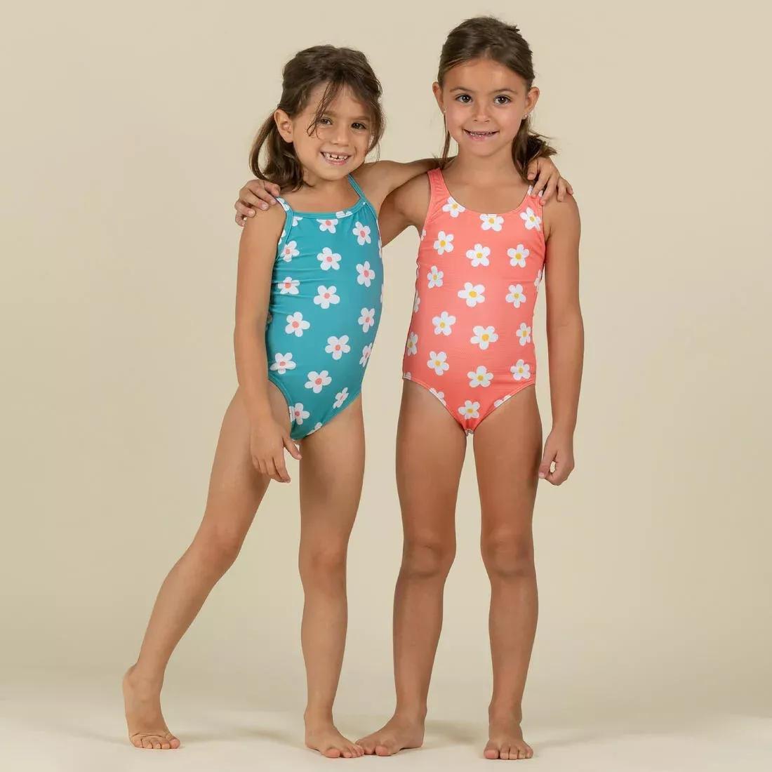 Kids Girls 1-Piece Swimsuit waffle texture coral Flower print, Orange, No Color, large image number 6
