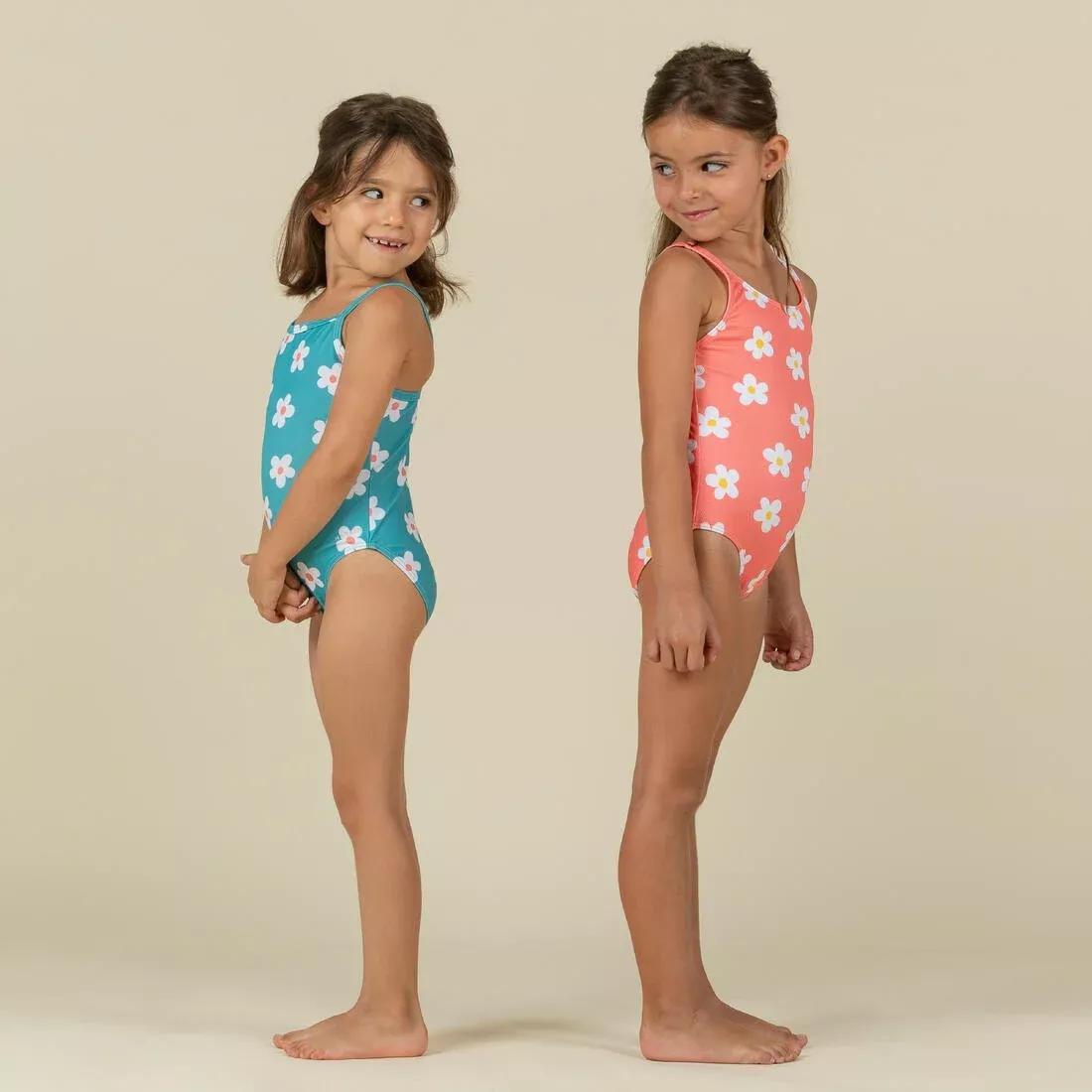 Kids Girls 1-Piece Swimsuit waffle texture coral Flower print, Orange, No Color, large image number 7