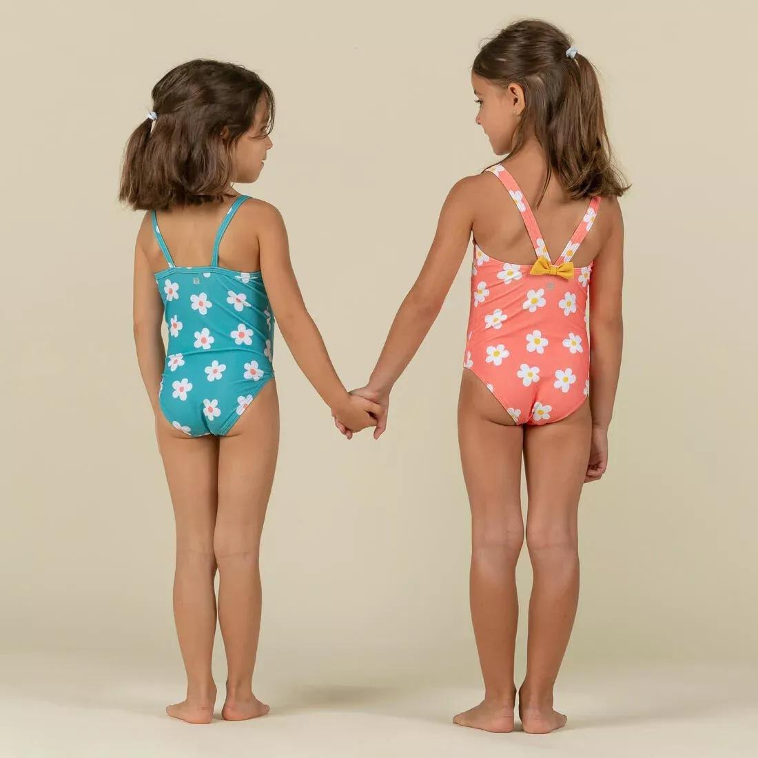 Kids Girls 1-Piece Swimsuit waffle texture coral Flower print, Orange, No Color, large image number 8