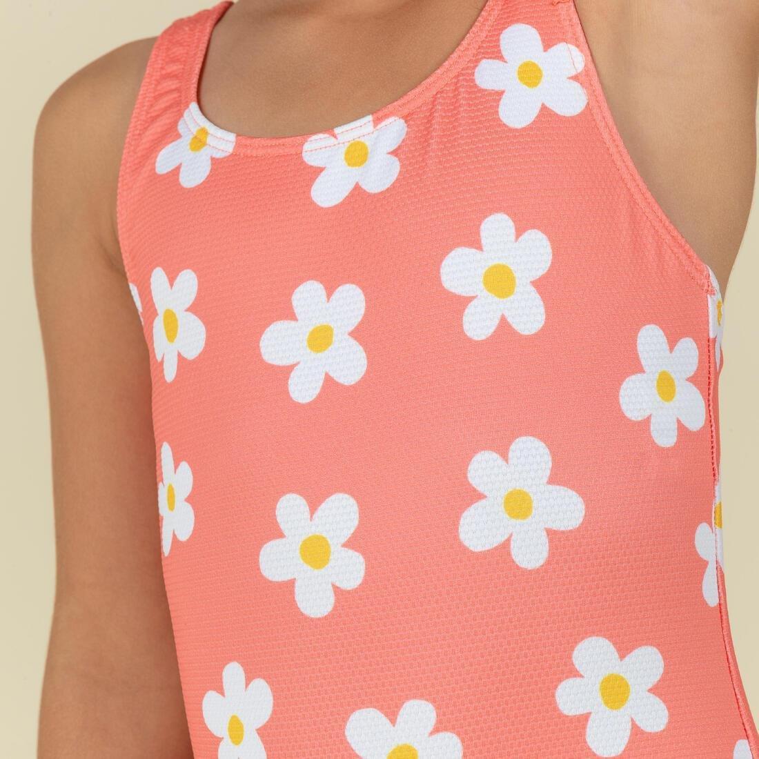 Kids Girls 1-Piece Swimsuit waffle texture coral Flower print, Orange, No Color, large image number 9