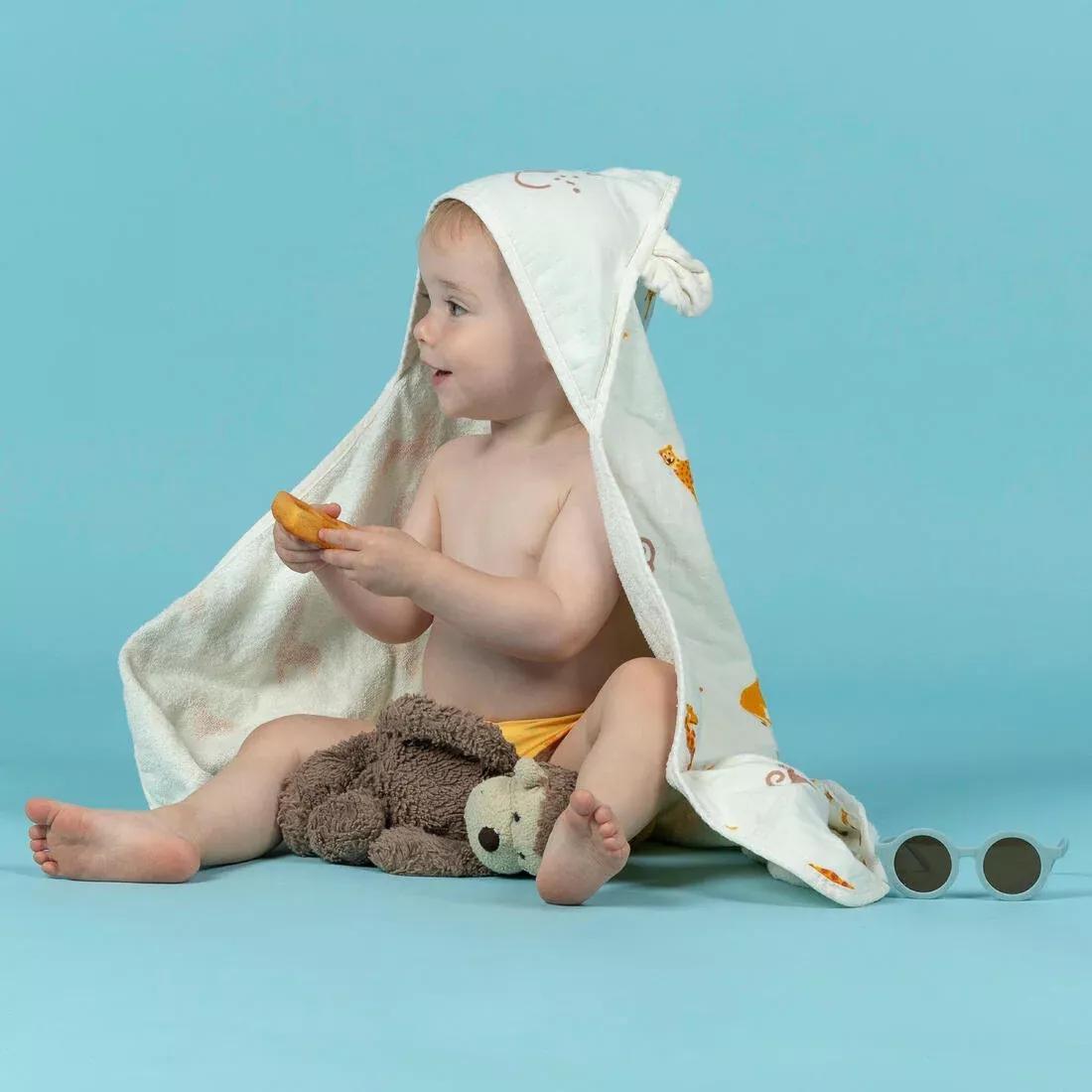 CREAM BEIGE Baby Swimming Towel cotton with hood SAVANNAH print, No Color, large image number 0