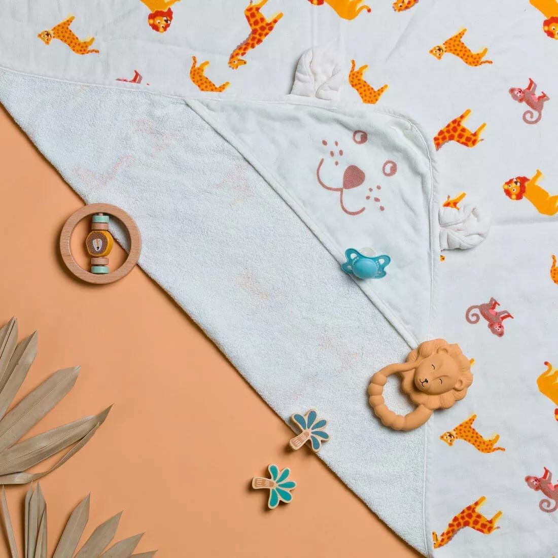 CREAM BEIGE Baby Swimming Towel cotton with hood SAVANNAH print, No Color, large image number 1