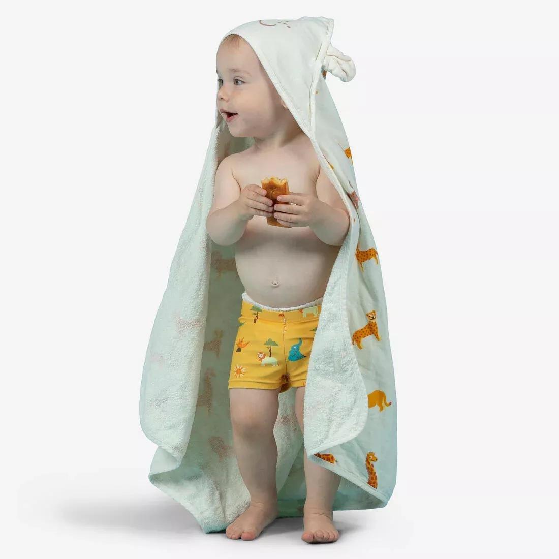 CREAM BEIGE Baby Swimming Towel cotton with hood SAVANNAH print, No Color, medium
