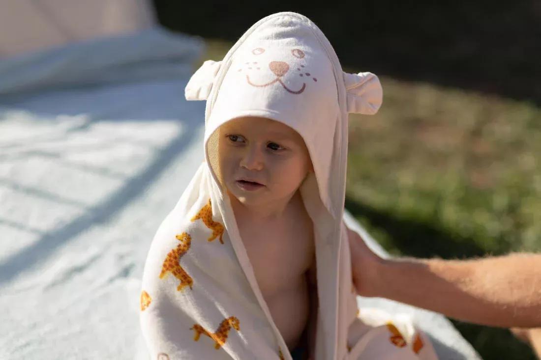 CREAM BEIGE Baby Swimming Towel cotton with hood SAVANNAH print, No Color, medium