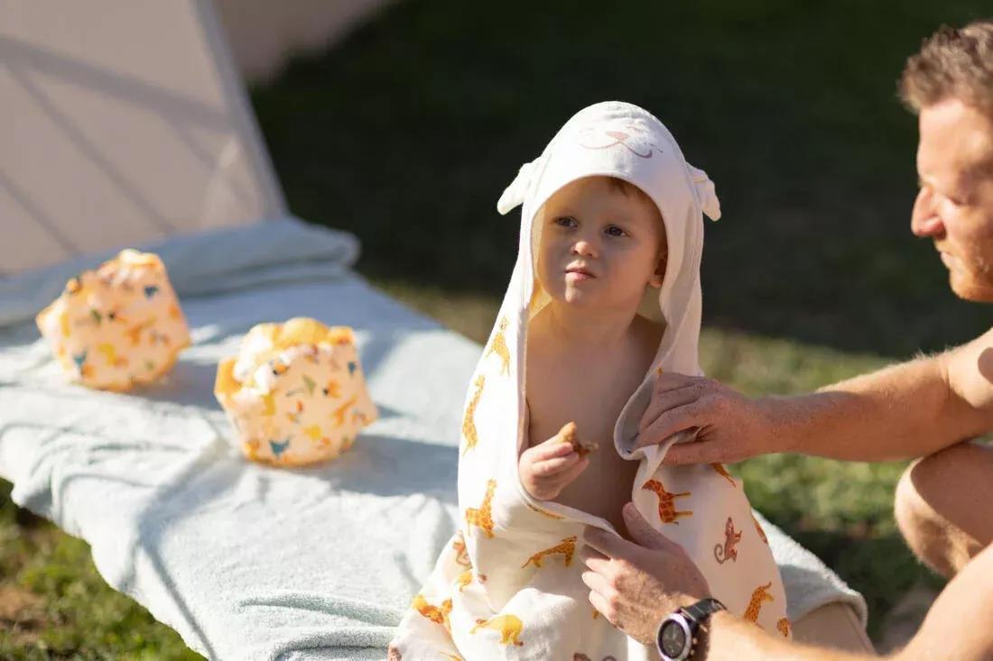 CREAM BEIGE Baby Swimming Towel cotton with hood SAVANNAH print, No Color, medium