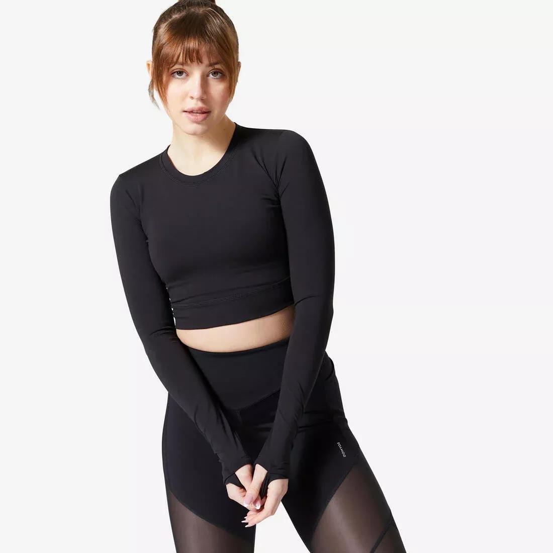 Women Fitness Long-Sleeved Cropped T-Shirt, Black, , large image number 0