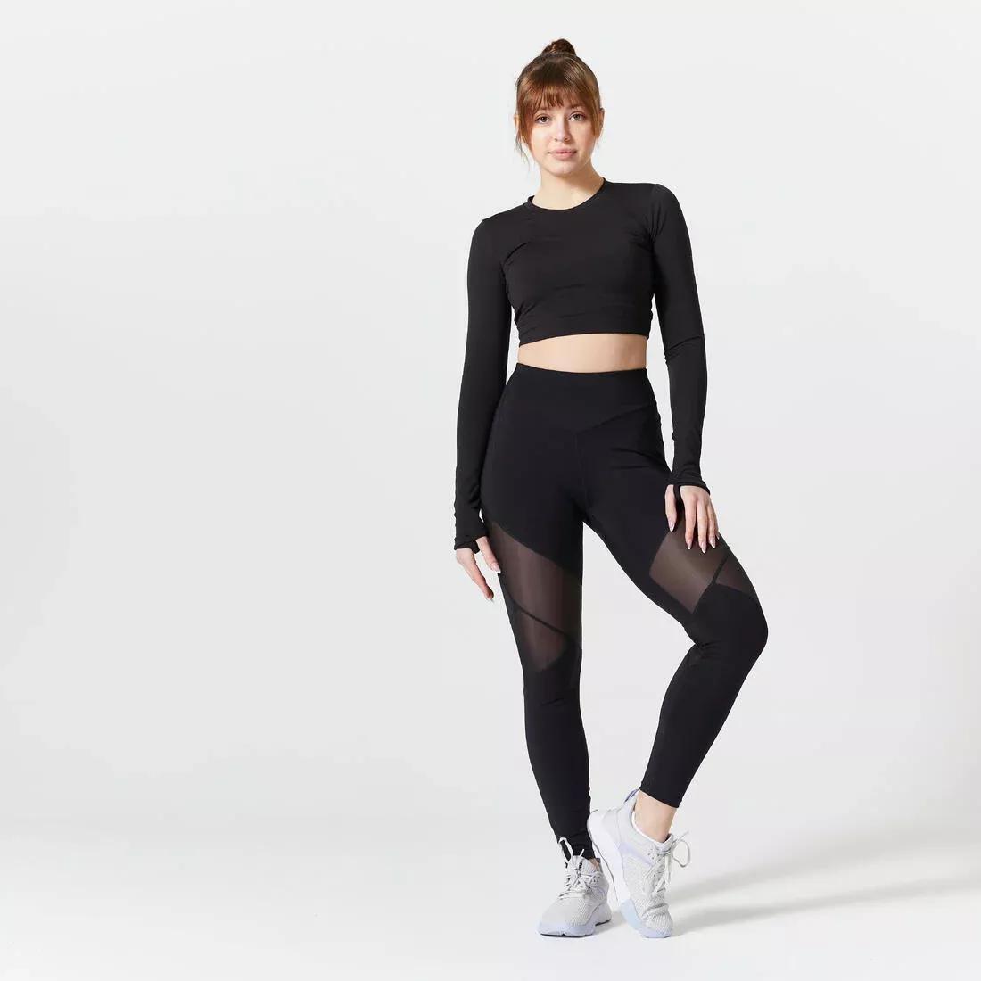 Women Fitness Long-Sleeved Cropped T-Shirt, Black, , large image number 1