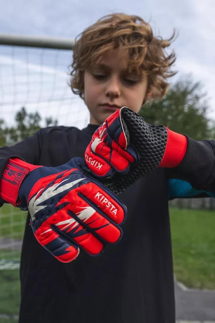 FLUO ELECTRIC RED Kids' Football Goalkeeper Gloves F100 Superesist - Red/Blue, , large image number 7