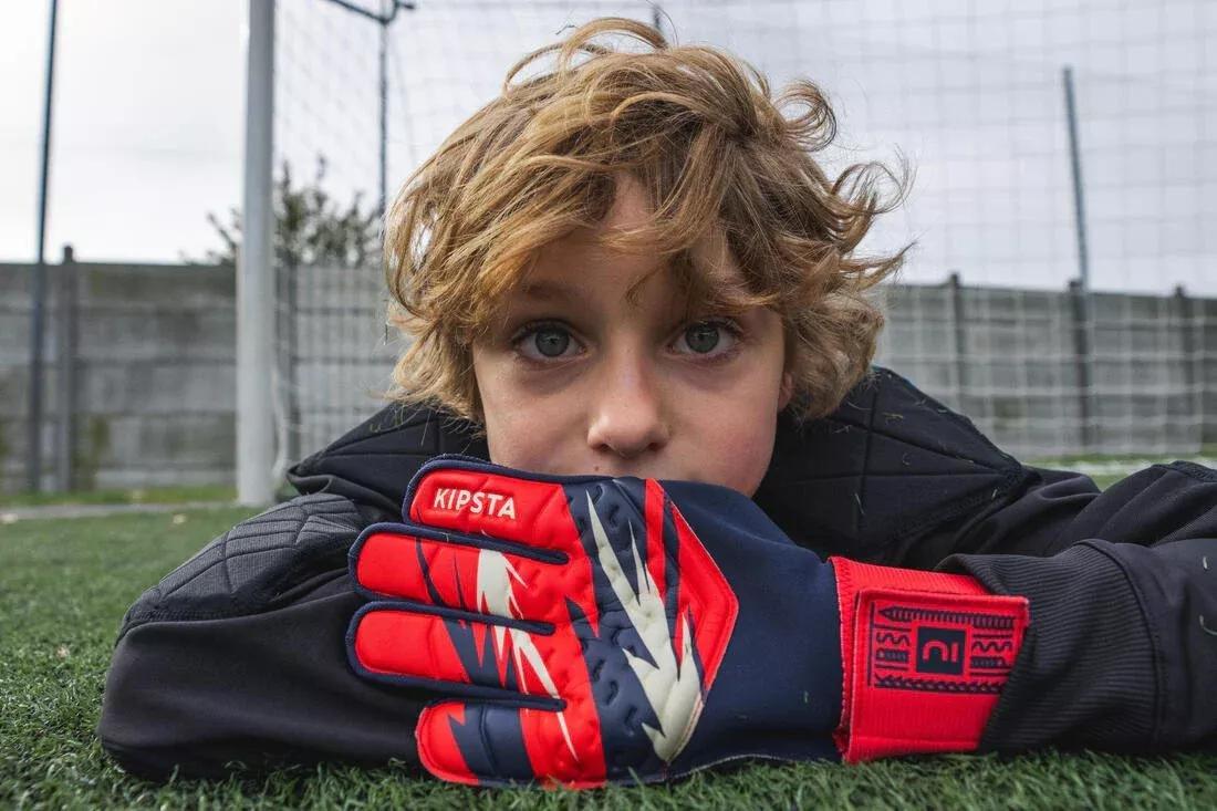 FLUO ELECTRIC RED Kids' Football Goalkeeper Gloves F100 Superesist - Red/Blue, , large image number 9