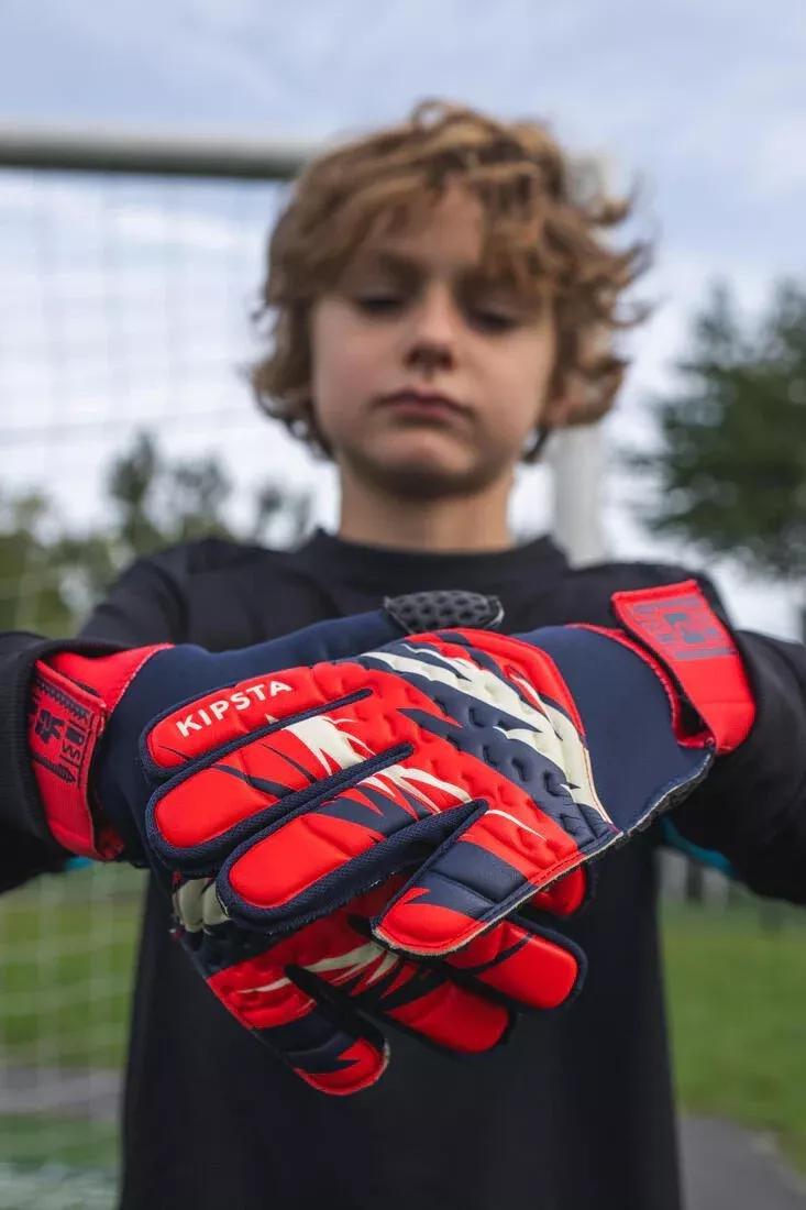 FLUO ELECTRIC RED Kids' Football Goalkeeper Gloves F100 Superesist - Red/Blue, No Color, large image number 10