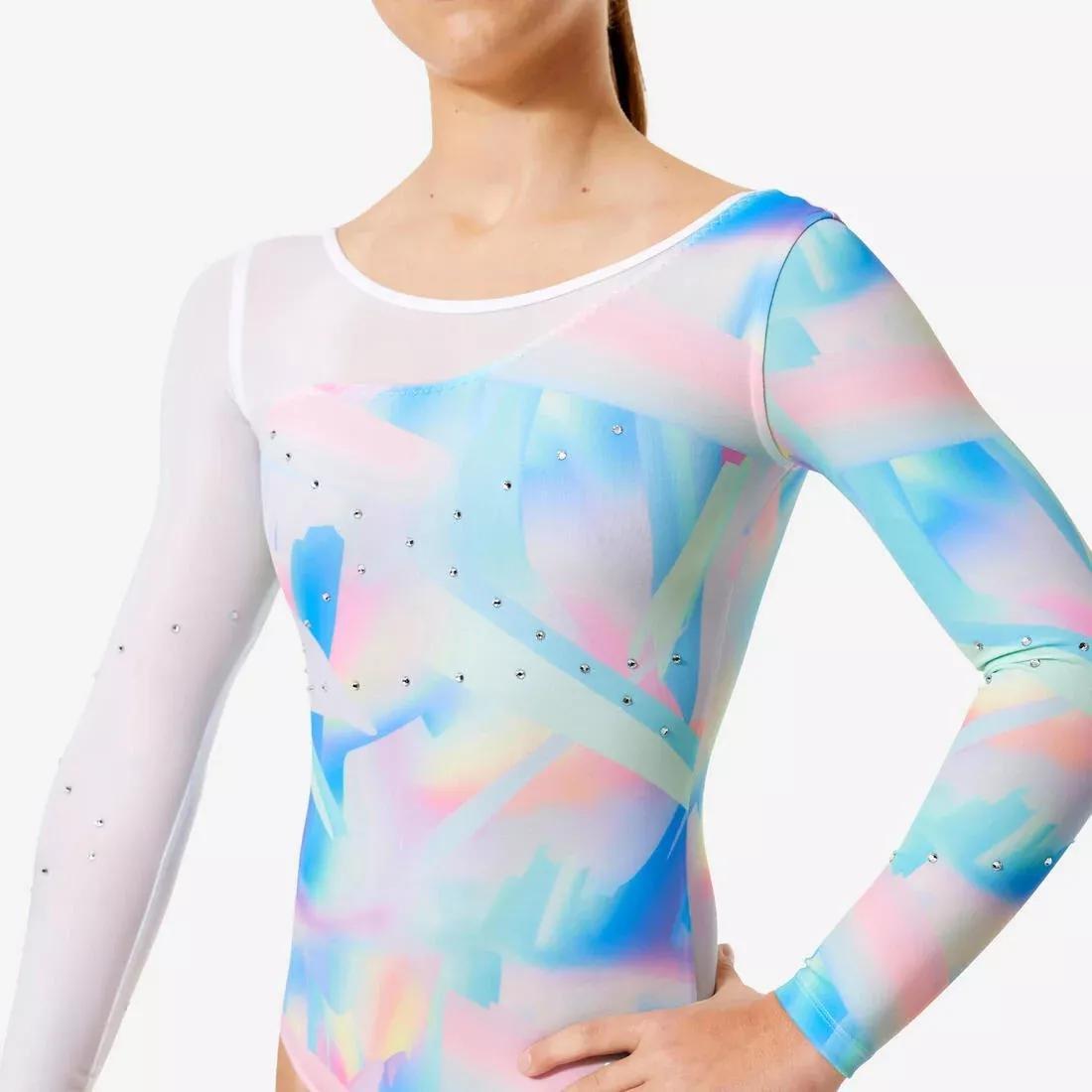 Kids Girls Long-Sleeved Gym Leotard With Rhinestones, Blue, No Color, large image number 4