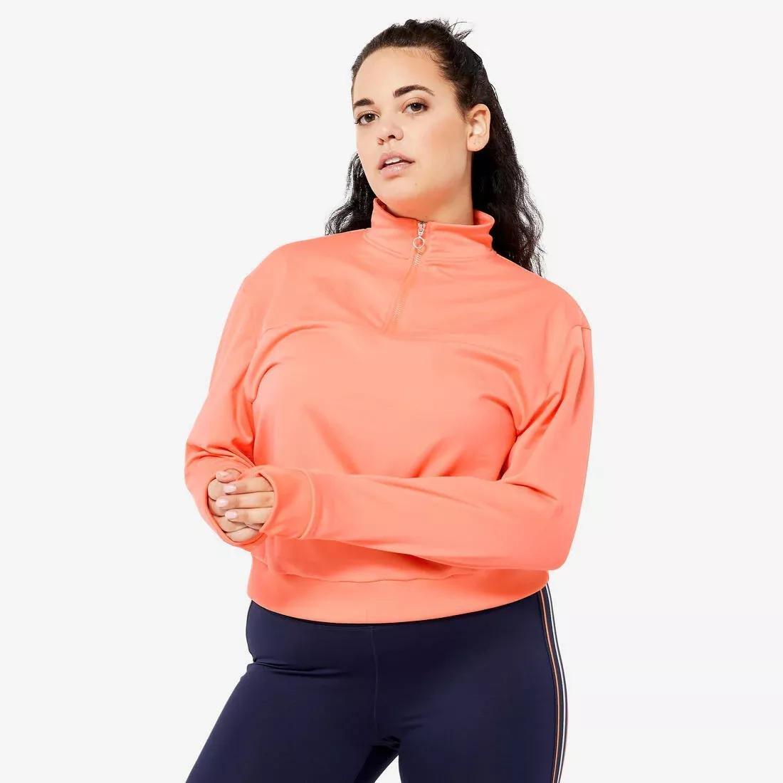 PALE CORAL ORANGE Women's Quarter-Zip Long-Sleeved Cardio Fitness Sweatshirt - Coral, , medium