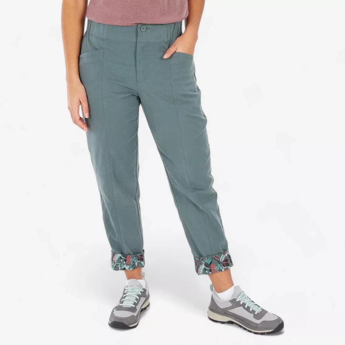 Women Linen Hiking Trousers - NH500, Green, No Color, medium