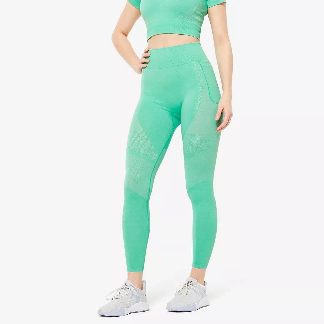 High-Waisted Seamless Fitness Leggings with Phone Pocket, seafom green, , medium