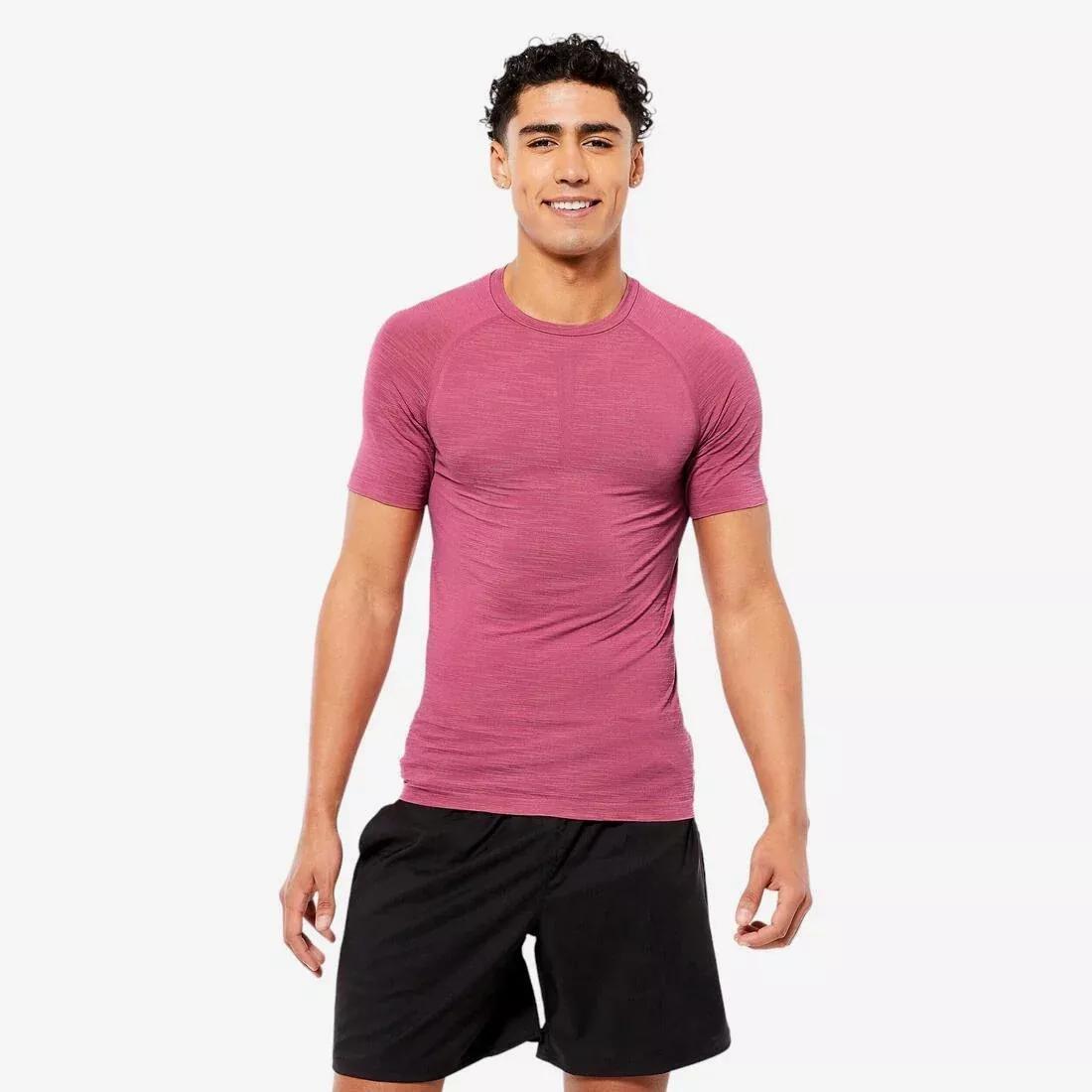Men Breathable Short-Sleeved Crew Neck Weight Training Compression T-Shirt, Pink, No Color, large image number 1