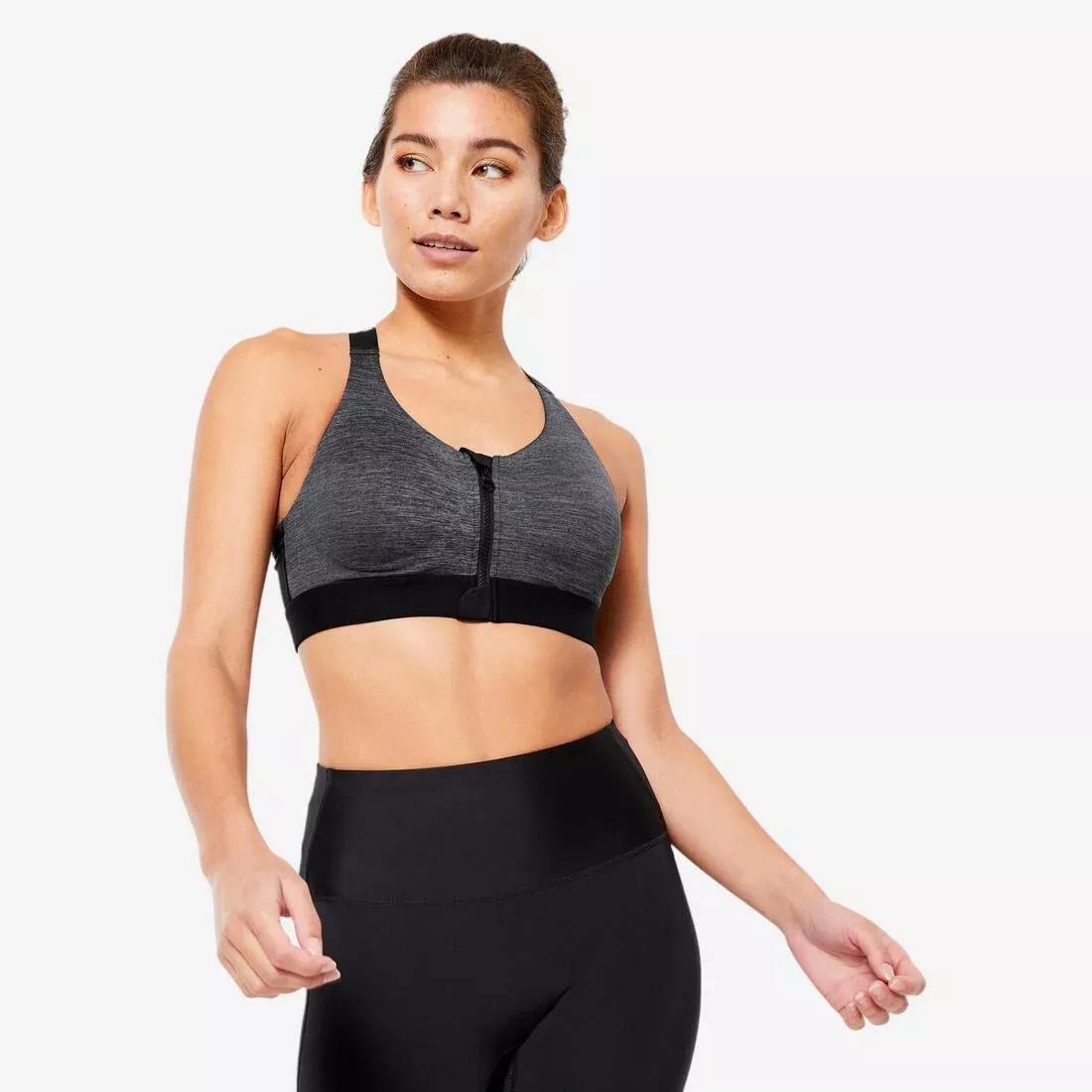 Women High Support Zipped Sports Bra With Cups, Grey, , large image number 1