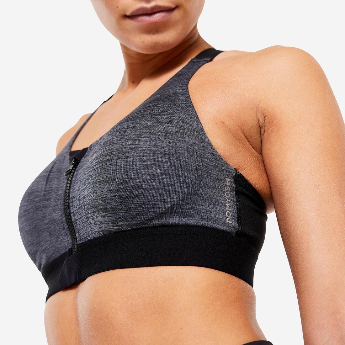 Women High Support Zipped Sports Bra With Cups, Grey, No Color, medium
