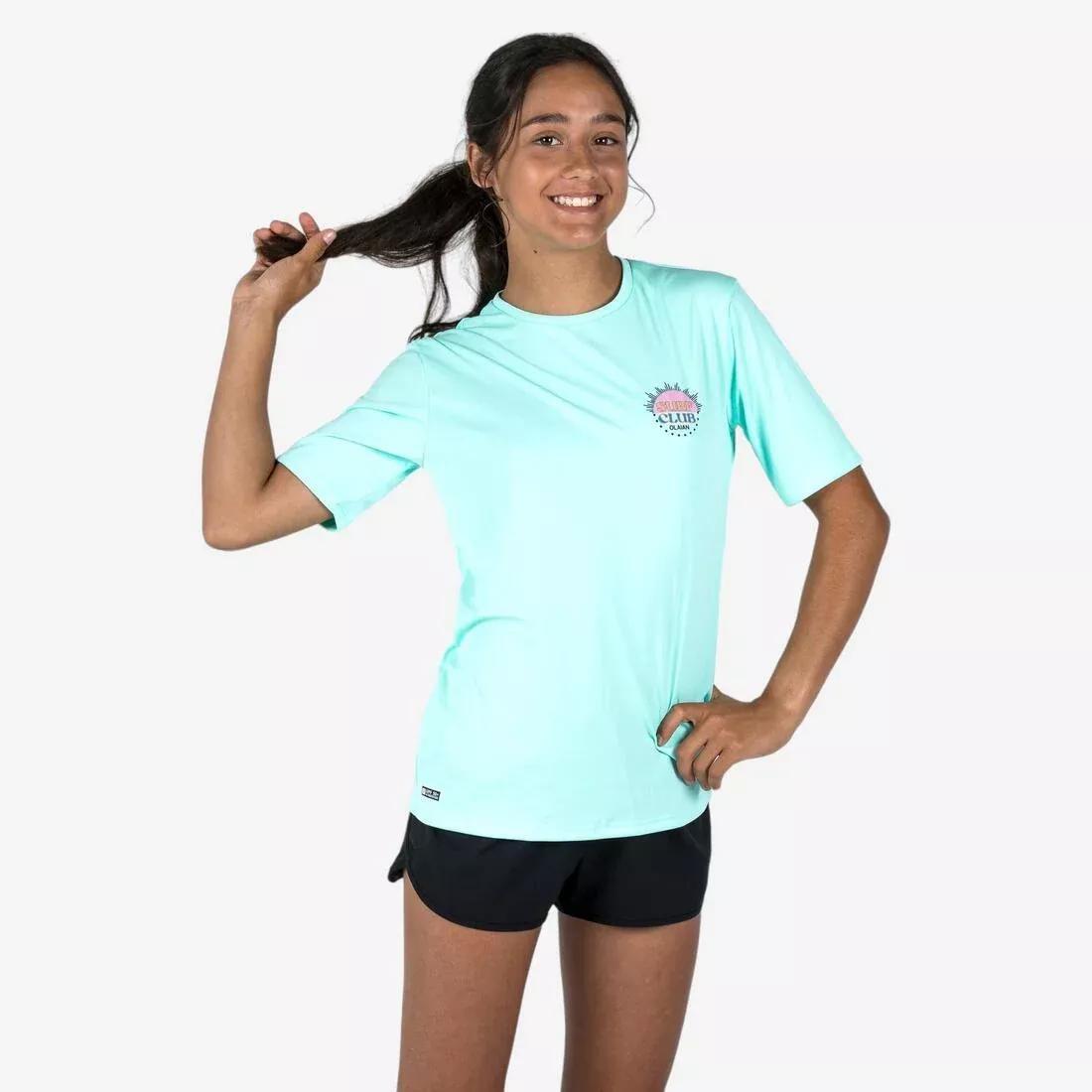 Kids' short sleeve UV-protection surf t-shirt - 100 white black skate, No Color, medium