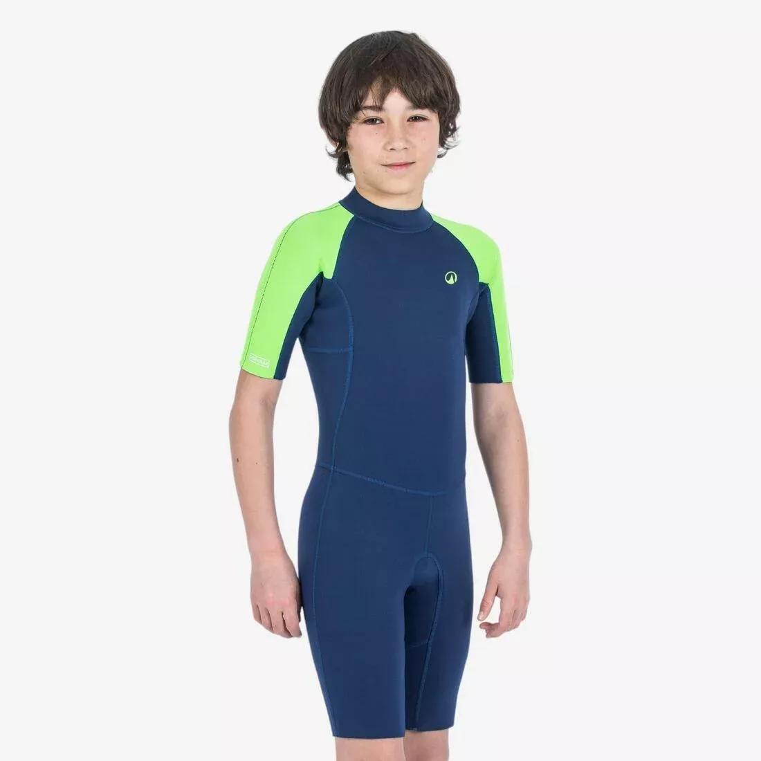 Kids Surfing Shorty Wetsuit - 1.5mm Natural Rubber Yulex 100, Blue, No Color, medium
