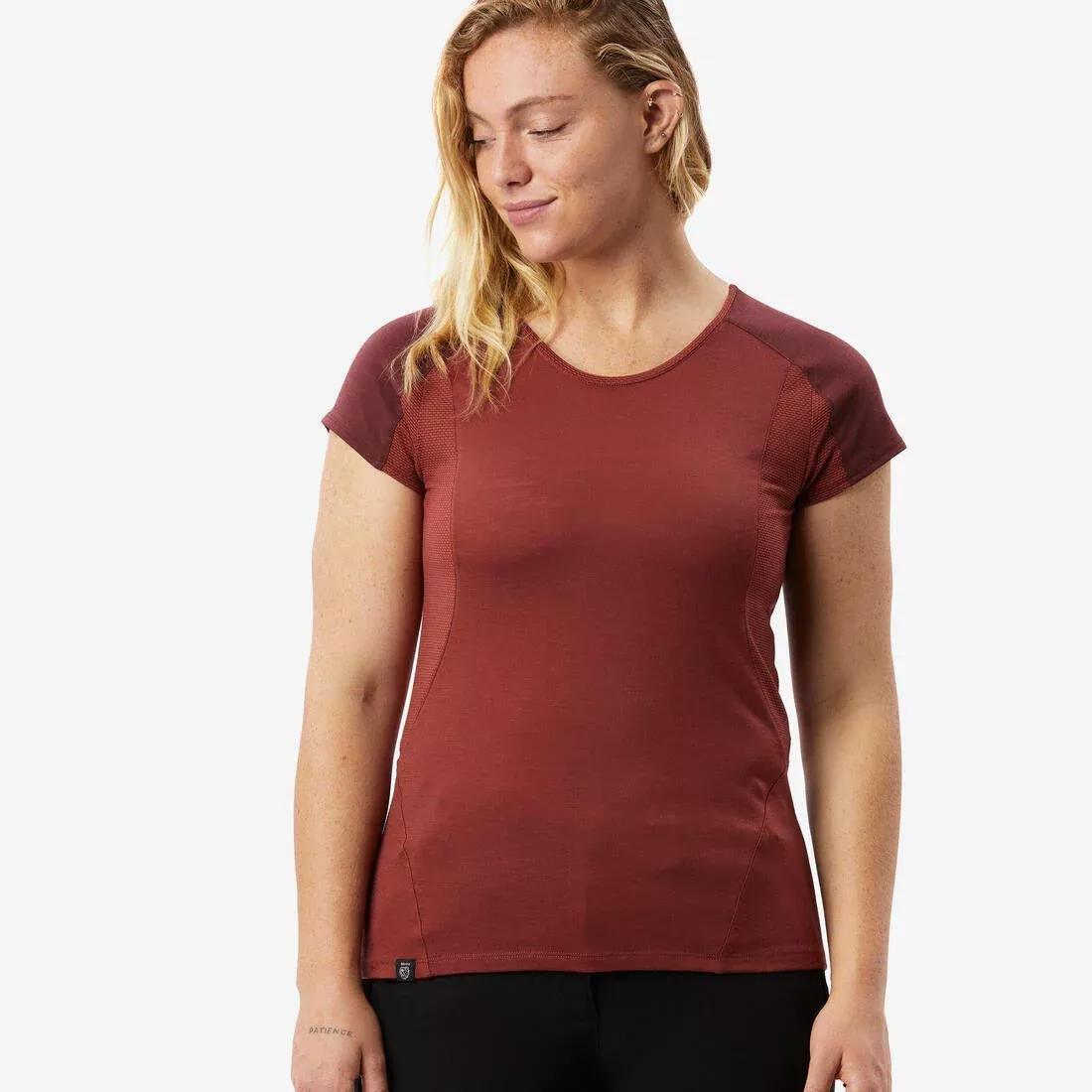 Women Merino Wool Short-Sleeved Trekking T-Shirt - Mt500, Brown, No Color, medium