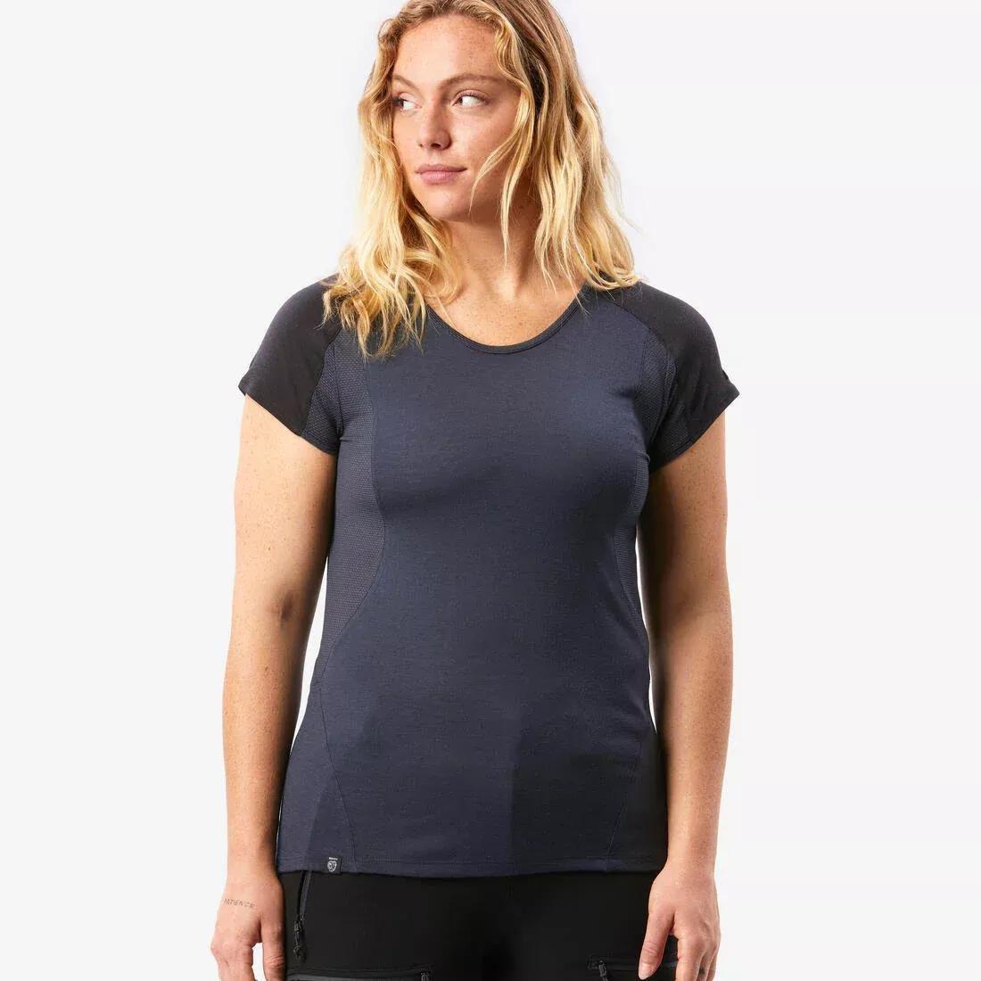 Women Merino Wool Short-Sleeved Trekking T-Shirt Mt500, Grey, No Color, medium