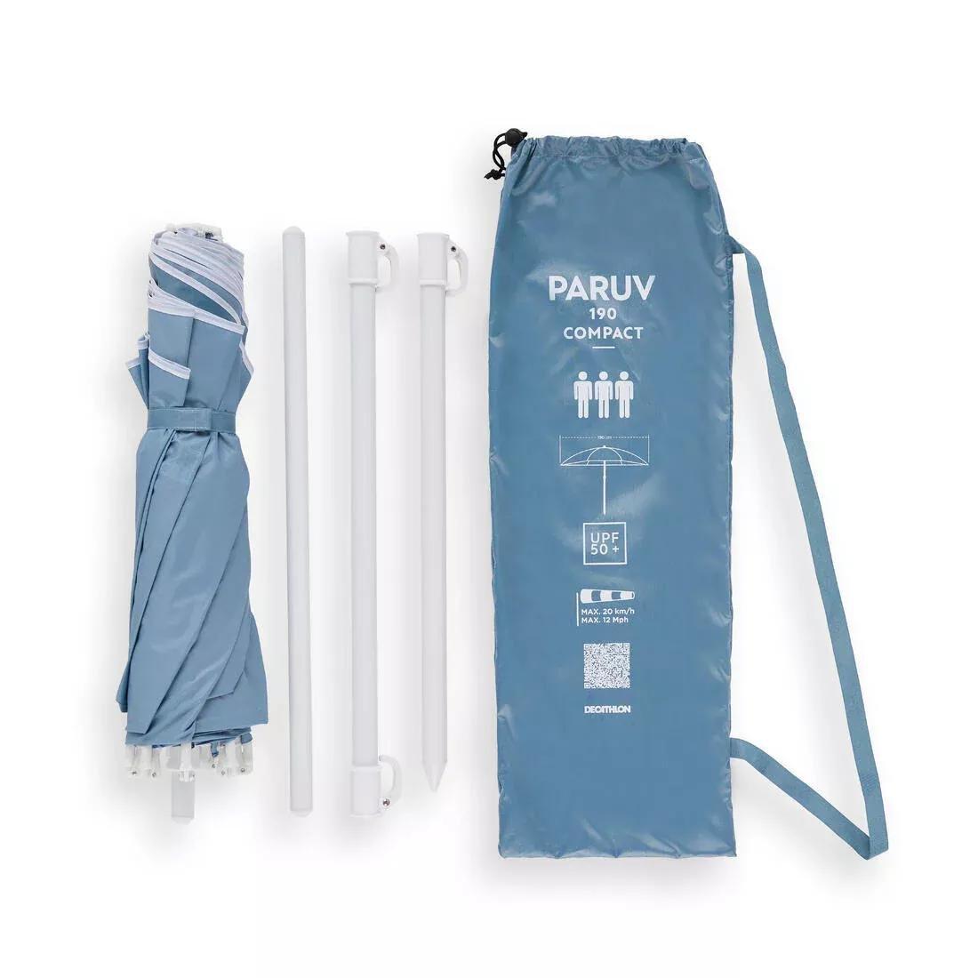 Compact 3-seater beach umbrella UPF 50+ diameter 190cm - PARUV Stripe, Blue, No Color, medium