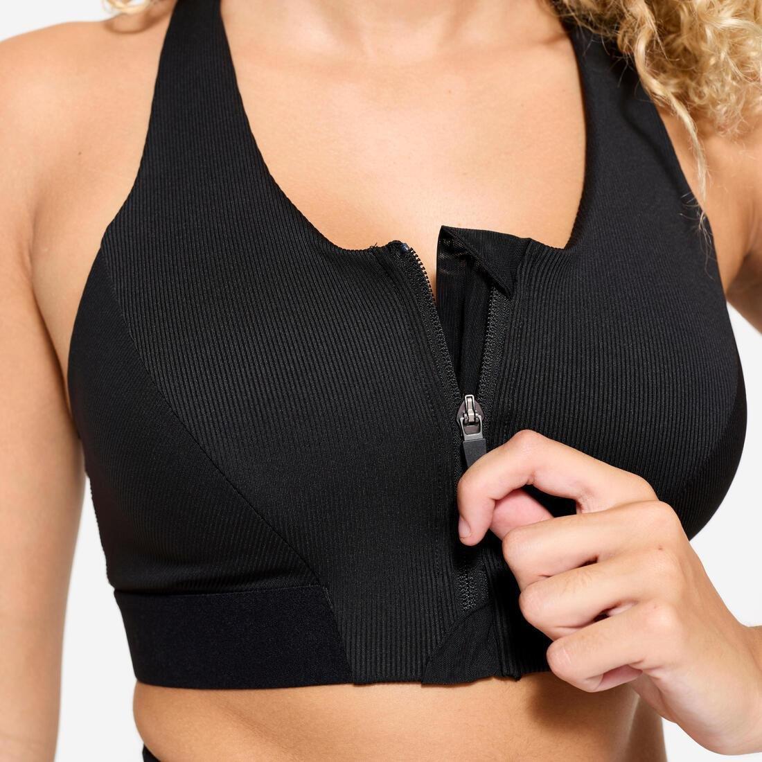 Women Medium Support Ribbed Zip-Up Sports Bra, Black, 5401_000, large image number 5