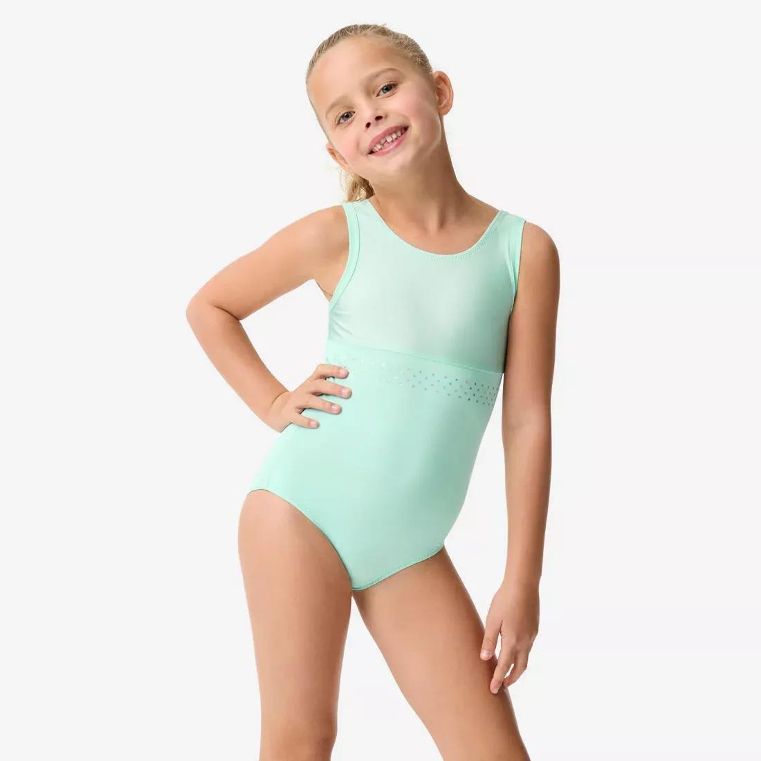 Kids Girls Gymnastics Crew Neck Leotard, Green, No Color, medium