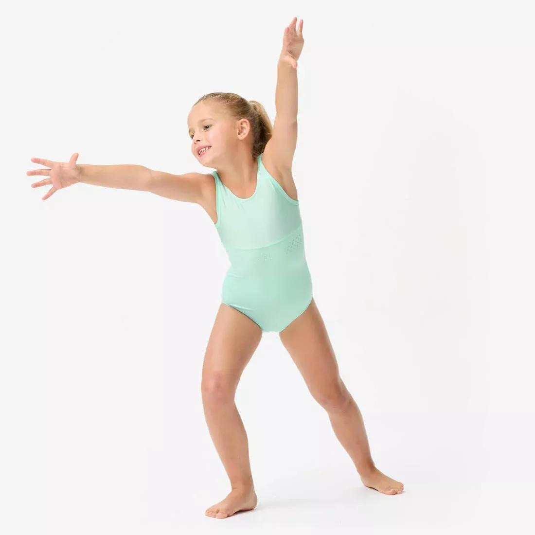 Kids Girls Gymnastics Crew Neck Leotard, Green, No Color, medium