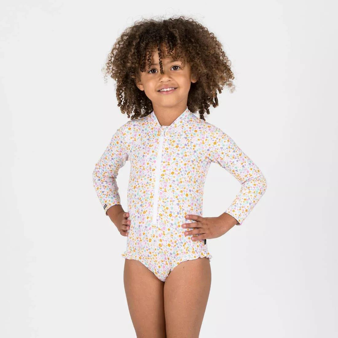 Kids Girls Long Sleeve Uv-Protection 1-Piece Swimsuit, Beige, No Color, large image number 0