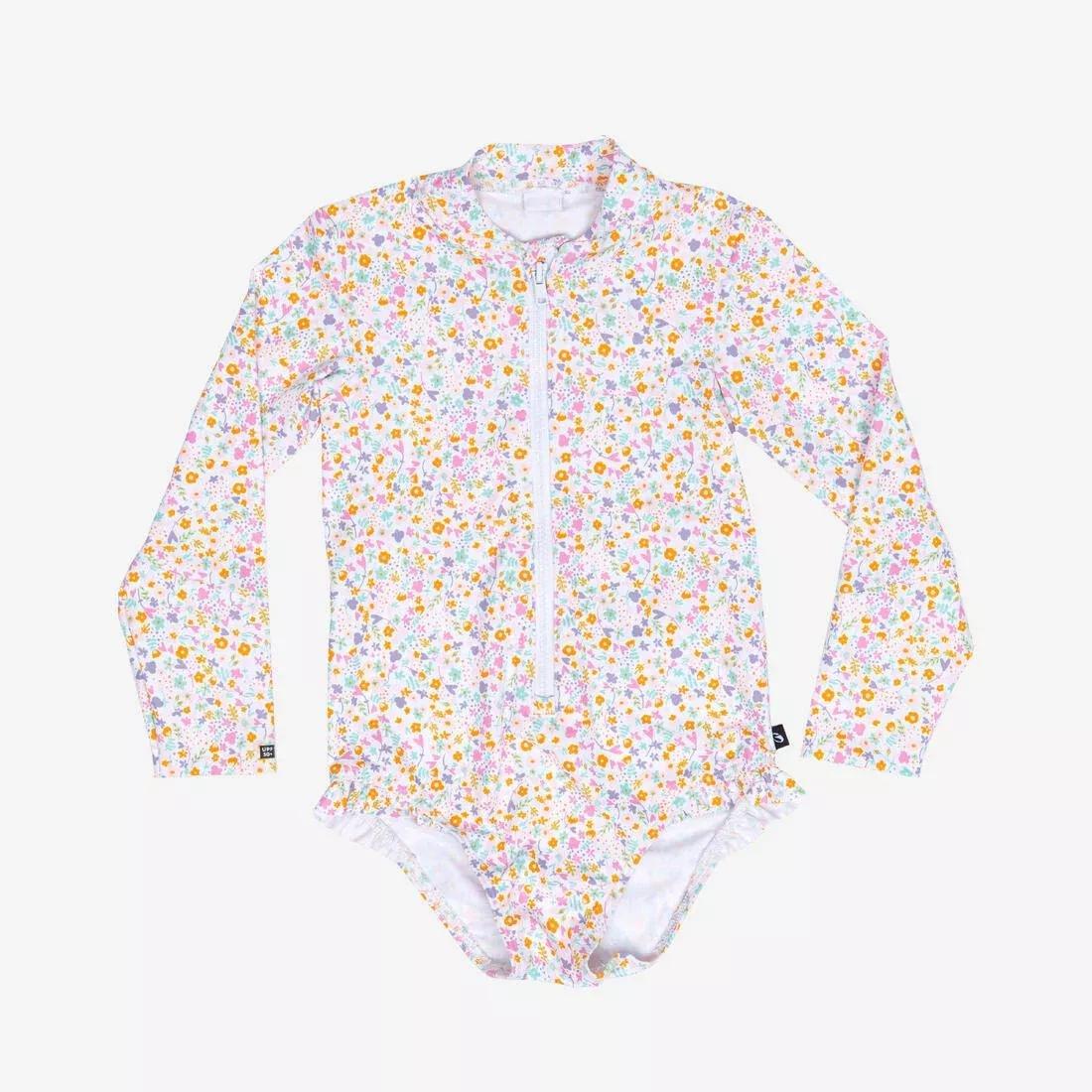 Kids Girls Long Sleeve Uv-Protection 1-Piece Swimsuit, Beige, No Color, large image number 1