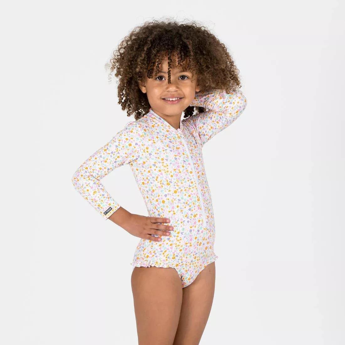 Kids Girls Long Sleeve Uv-Protection 1-Piece Swimsuit, Beige, No Color, large image number 2