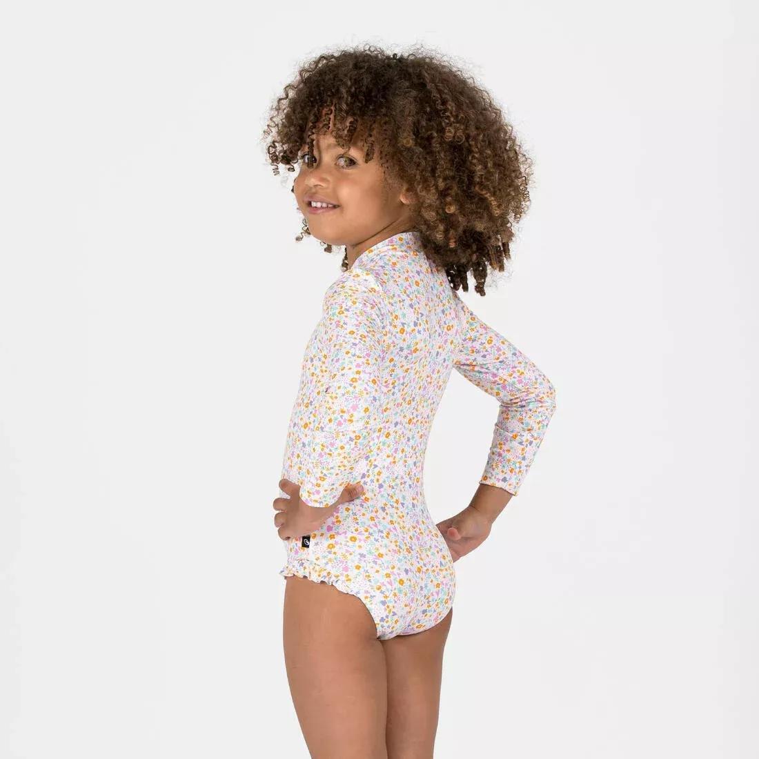 Kids Girls Long Sleeve Uv-Protection 1-Piece Swimsuit, Beige, No Color, large image number 3