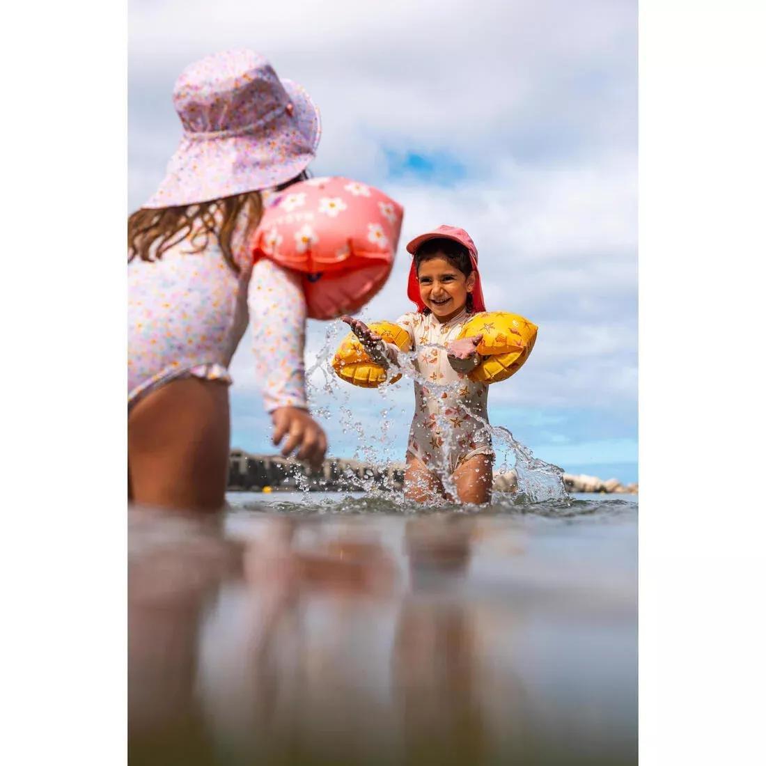 Kids Girls Long Sleeve Uv-Protection 1-Piece Swimsuit, Beige, No Color, large image number 7