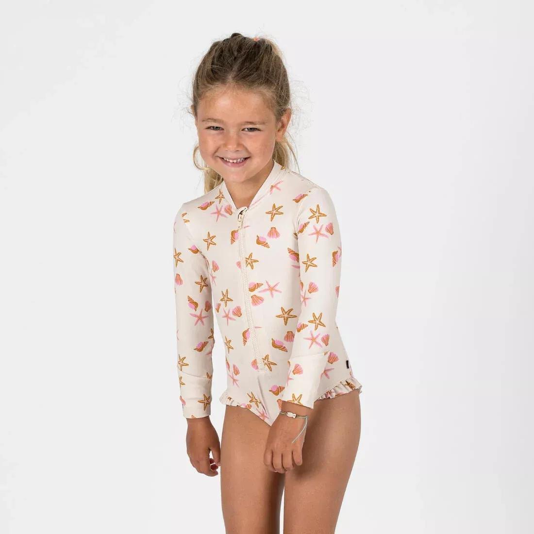 Kids Girls Long Sleeve Uv-Protection 1-Piece Swimsuit, Beige, No Color, large image number 8