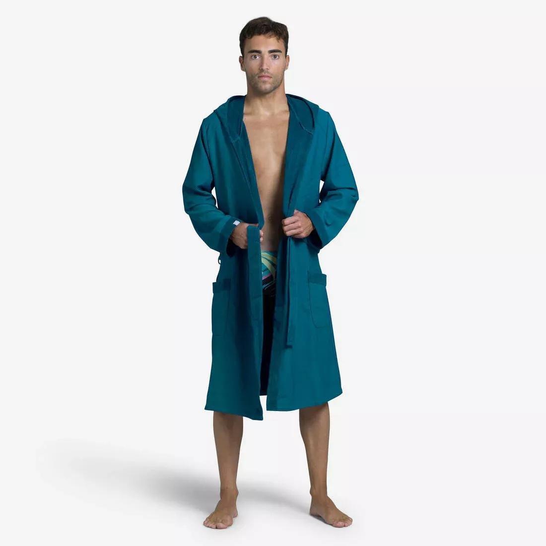 STEEL BLUE Men's microfibre compact hooded bathrobe in dark blue, No Color, large image number 0