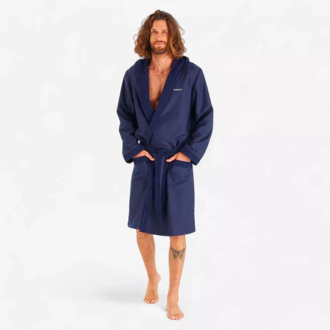 STEEL BLUE Men's microfibre compact hooded bathrobe in dark blue, No Color, large image number 1