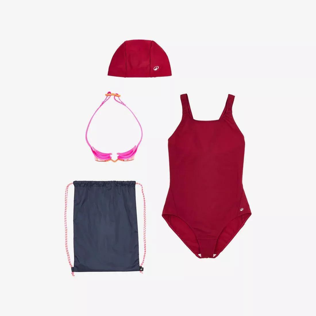Kids Girls Swimming kit: swimsuit + goggles + cap + bag - 100, Purple, No Color, large image number 0
