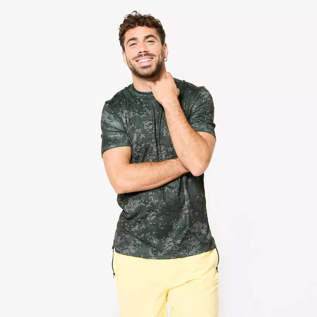 Men Short-Sleeved Crew Neck Breathable Fitness T-Shirt, Khaki, No Color, medium