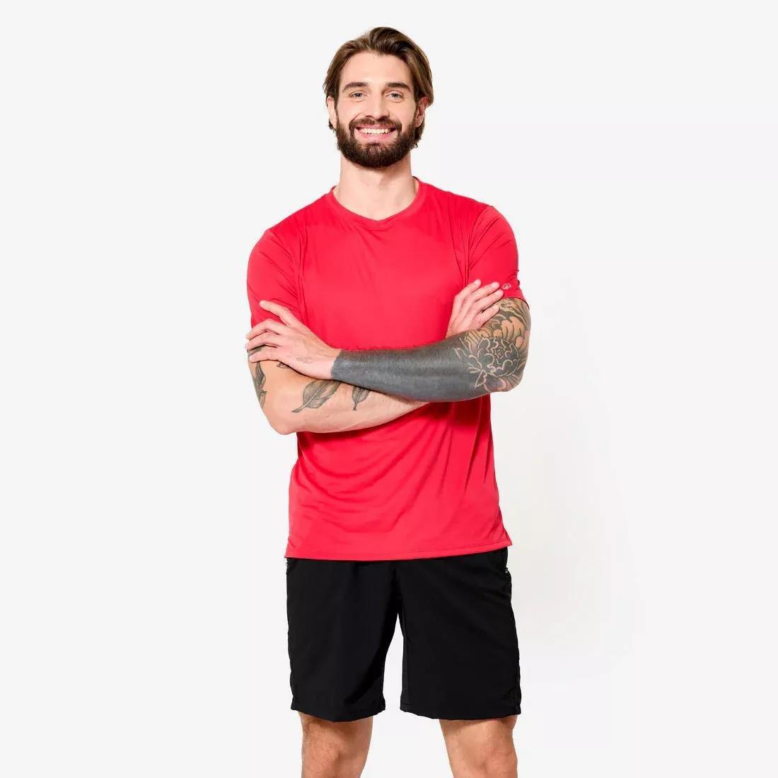 Men Short-Sleeved Crew Neck Breathable Fitness T-Shirt, Orange, No Color, large image number 1