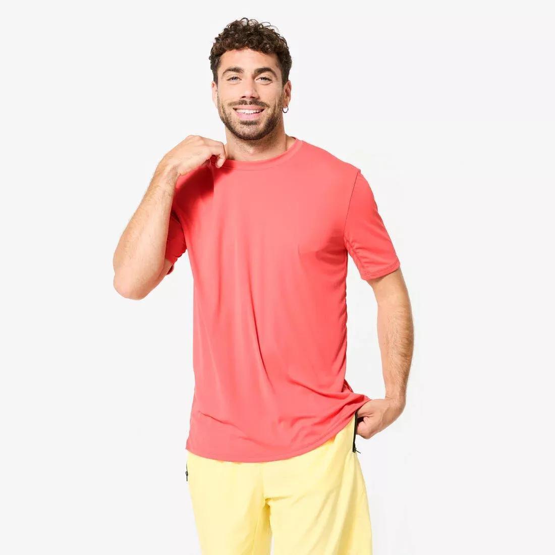 Men Short-Sleeved Crew Neck Breathable Fitness T-Shirt, Pink, No Color, large image number 0